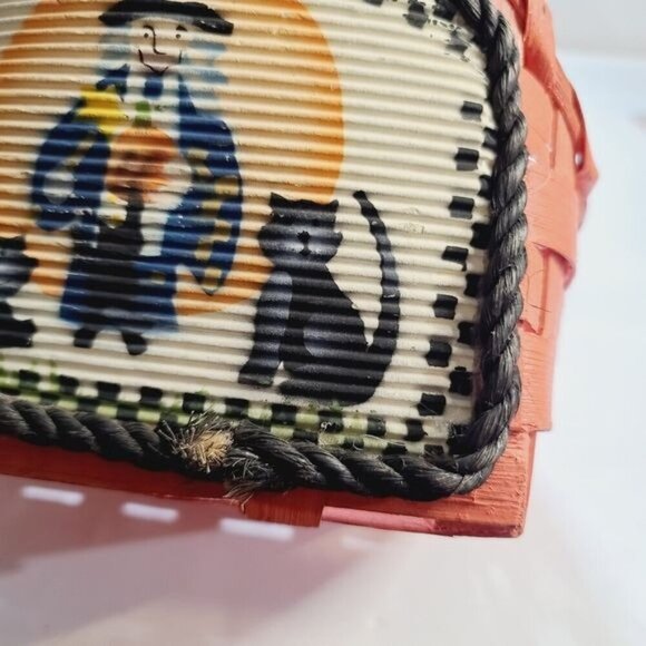 Vintage Orange Wicker Hand Painted Halloween Witch Cat Basket - Picture 5 of 12